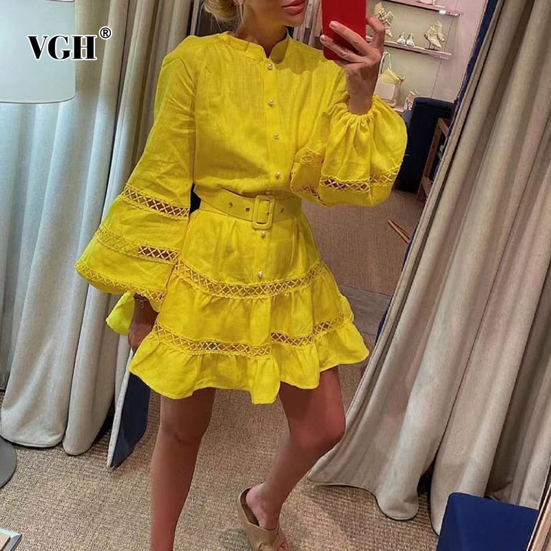 Clacive  Elegant Cut Out Belt Dress For Women Stand Collar Lantern Long Sleeve Casual Loose Mini Dresses Female  Autumn Style New