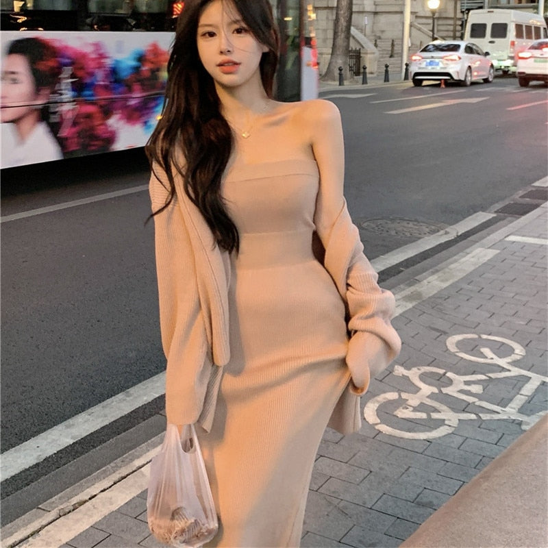 Clacive Sexy Knitted Suits Spring Autumn Long Sleeve Cardigan Coat Jacket And Strapless Long Knit Dress 2 Two Piece Set Women Outfits