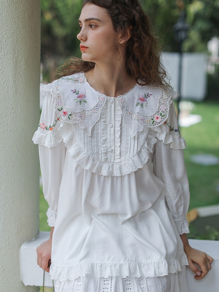 Fall outfits back to school  Women Tops Spring Summer Women Victorian Vintage Antique Exquisite Embroidery Cotton White Shirts/Blouses camisas de mujer