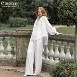 Clacive Fashion Loose Straight Trouser Suits Women Spring Casual White Home Suit Female Elegant V-Neck Shirt Two Piece Pants Set