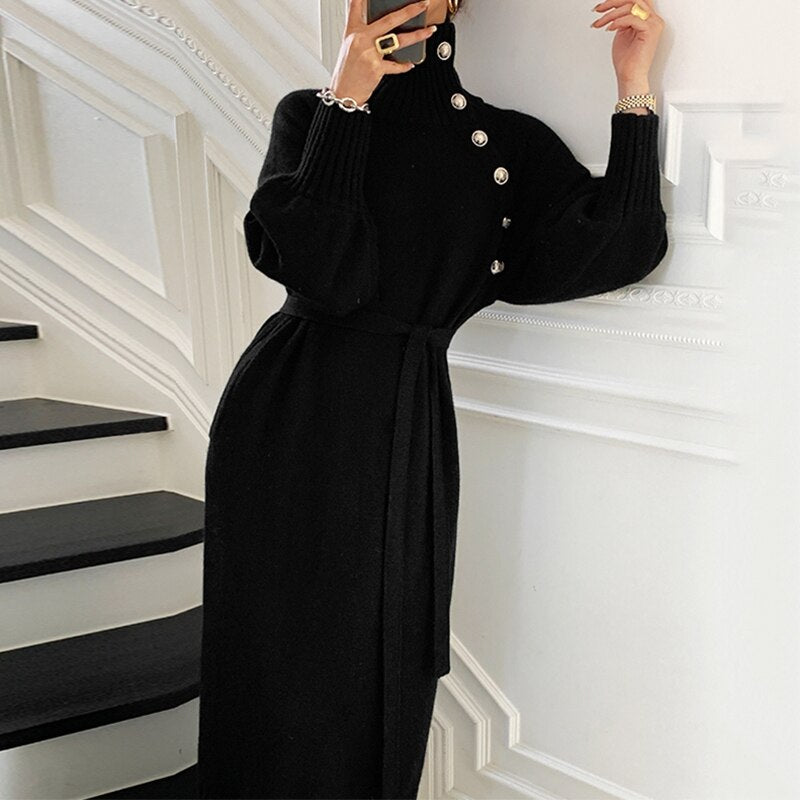 Clacive Elegant Evening Party Dress Knitted Diagonal Colla Sash Tie Up Autumn Winter Mid-Calf Fashion Pullover Sweater Dresses Vintage