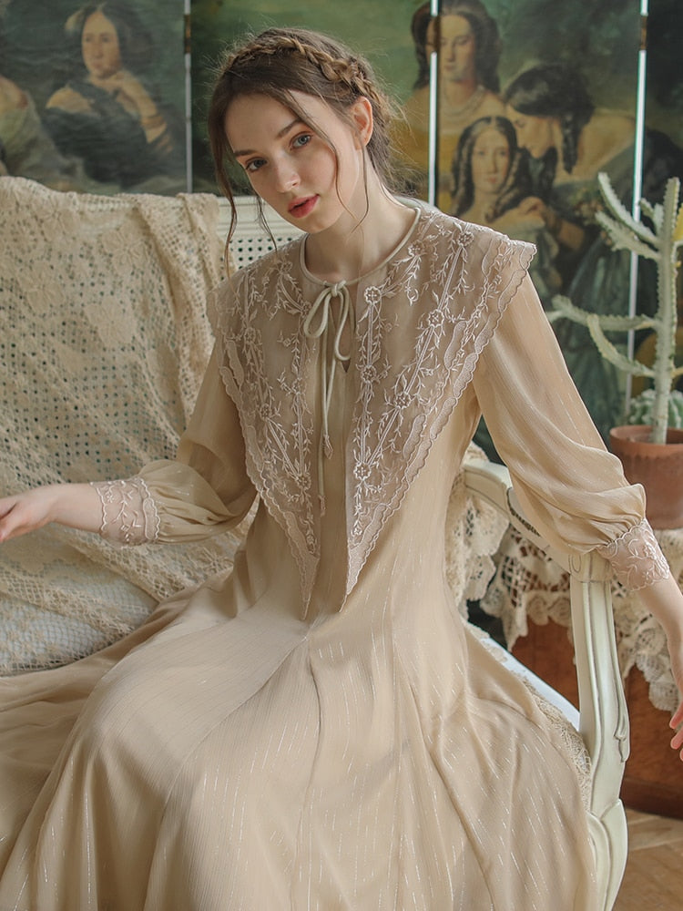 Fall outfits back to school  Spring Dress Women Vintage Victoria Elegant Embroidery Lace Collar Midi Dress Big Swing Casual Golden Thread Chiffon Long Dress