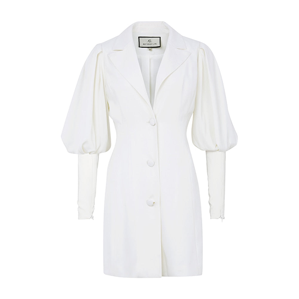 Women White Slim Blazer Dress  Vintage Elegant Bishop Sleeve Minidress Fashion Streetwear