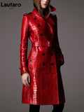 Clacive  Autumn Long Red Crocodile Print Leather Trench Coat For Women Belt Double Breasted Elegant British Style Fashion