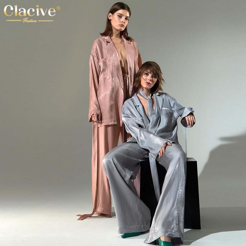 Clacive Casual Loose Home Suits Women Spring Elegant Lace-up Robes Two Piece Pants Set Fashion High Waist Wide Trouser Suits
