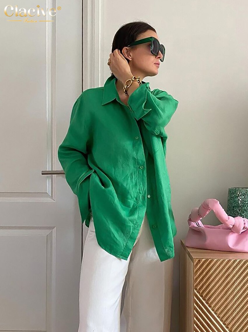 Clacive Casual Loose Green Women'S Shirt  Spring Elegant Long Sleeve Office Blouses Vintage Linen Solid Top Female Clothes