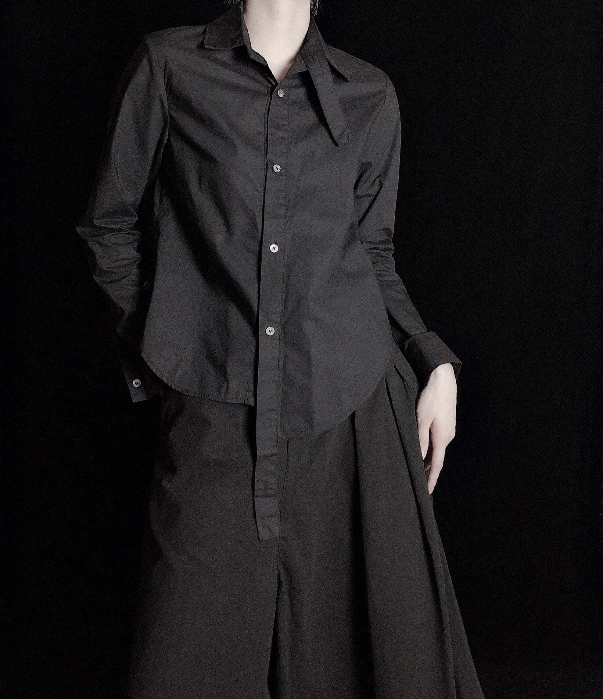 Yoji  Dark Wind Niche Design Irregular Wears Oblique Buckle Asymmetrical Slim Long-Sleeved Shirt Female Y2K