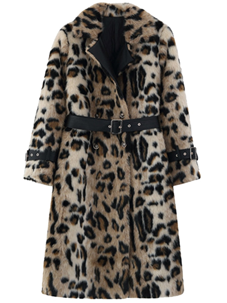 Clacive  Winter Long Leopard Print Warm Fluffy Faux Fur Trench Coat For Women Long Sleeve Double Breasted European Fashion