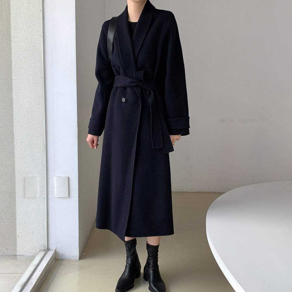 Clacive Women Minimalist Long Woolen Coat With Belt Full Sleeve Loose Warm Korean Ladies Overcoat Casual Outerwear Autumn Winter