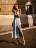 Clacive Bodycon Blue Satin Casual Women'S Dresses  Summer Sexy Sleeveless Belt Midi Dress Fashion Slim Slit Female Dress