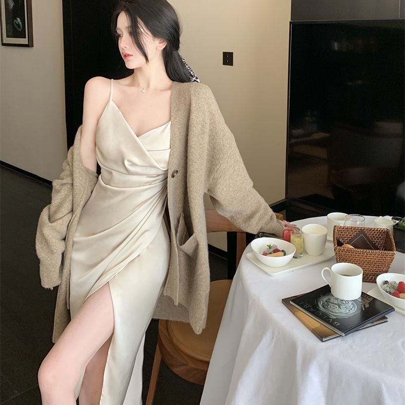 Clacive  Autumn Women Sexy Rouched Slim Suspender Dress Loose Sweater Knitted Cardigan Female Dresses Sets