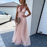 Clacive  Elegant Chic Solid Party Maxi Dress Women Sexy Deep V-Neck Fashion Lace Patchwork Mesh Long Dresses Ladies Backless Cross Dress