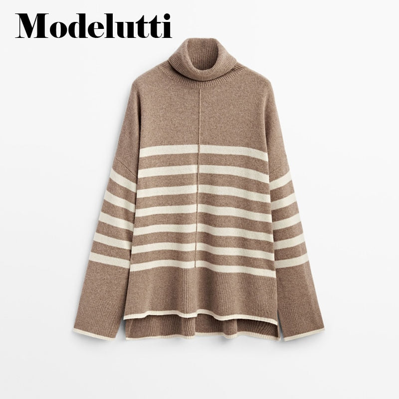 Clacive  Winter  New Sweaters Vestidos England Style Fashion Simple Striped Turtleneck Leisure Warmth Knitted Women Top
