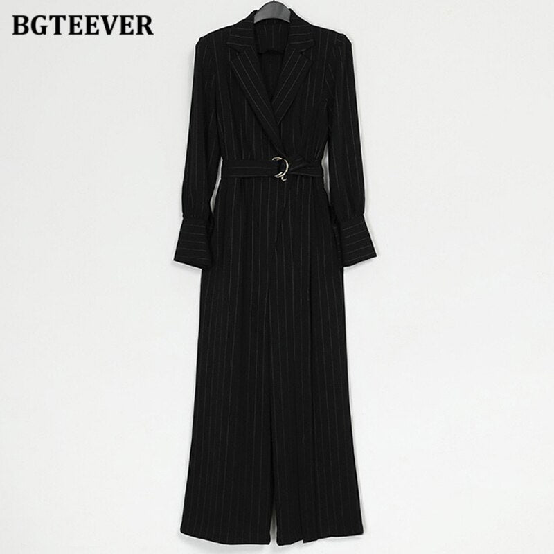 Notched Collar Striped Women Playsuits Autumn Fashion Long Sleeve Belted Female Wide Leg Overalls Jumpsuits