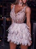 Clacive Sexy V-Neck Sleeveless Feather Mini Gown Tassel Sequin Ladies Slim Evening Dresses
