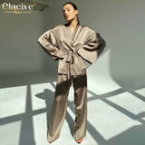 Clacive Fashion Loose Satin Pants Set Women Casual Long Sleeve Shirts Wide Trousers Suits Elegant Home Wear Two Piece Robe Sets