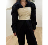 Clacive-2 Pieces Women Oversized Shirts & Vest Leather Corset Autumn Long Sleeve Loose Female Blouses Tops