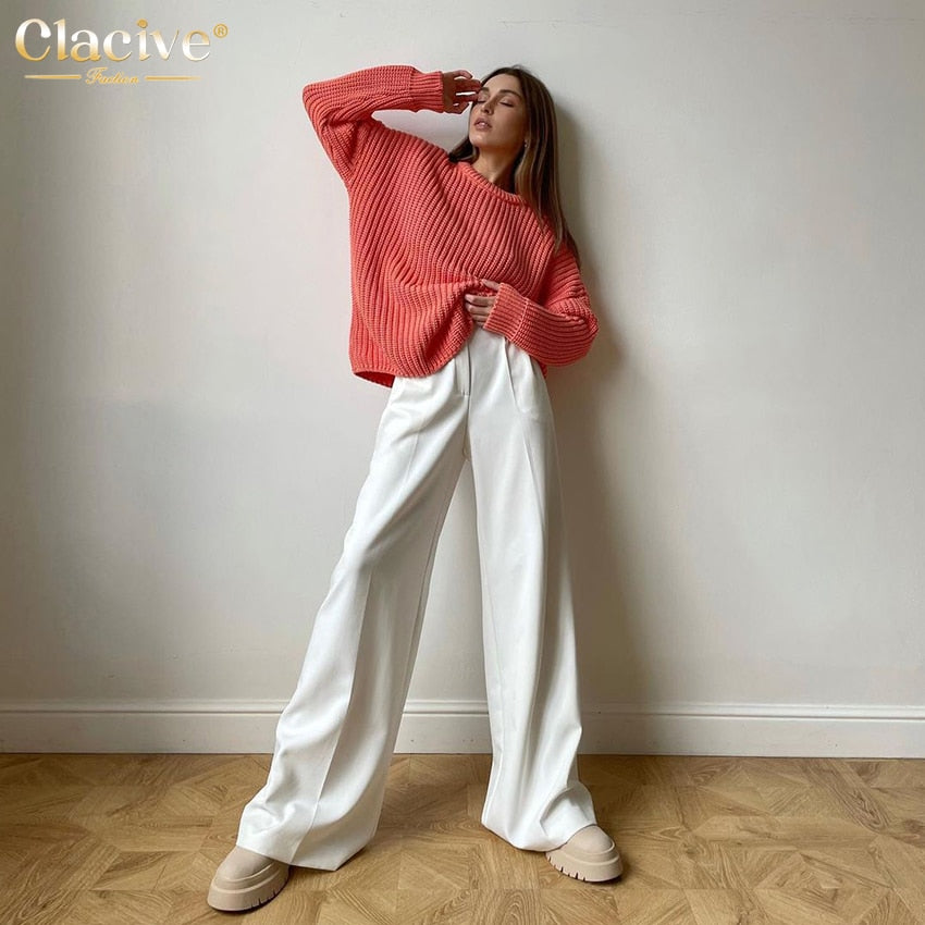 Clacive Blue Office Women'S Pants  Fashion Loose Full Length Ladies Trousers Casual High Waist Wide Pants For Women