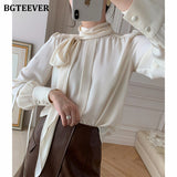 Lace-Up Women Chiffon Shirts  Spring Summer Full Sleeve Loose Female Blouses Solid Ladies Tops