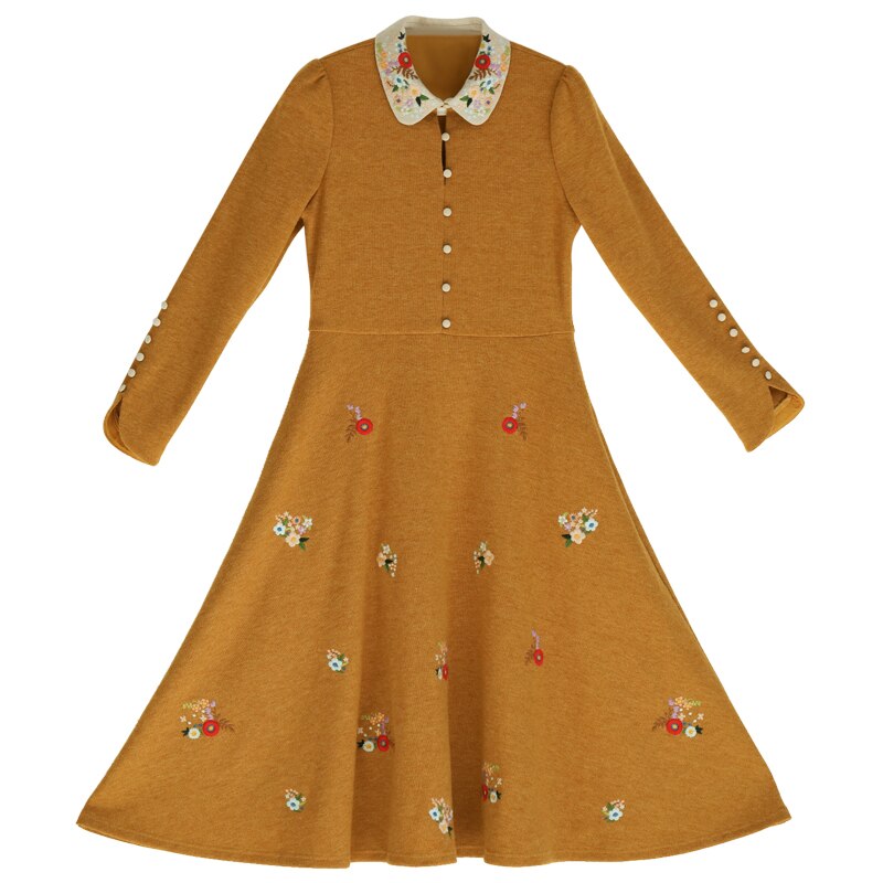 Fall outfits back to school  Original Design AIGYPTOS Autumn Winter New Women Vintage Elegant Slim Mori Girls French Embroidery Yellow Long Knitted Dresses