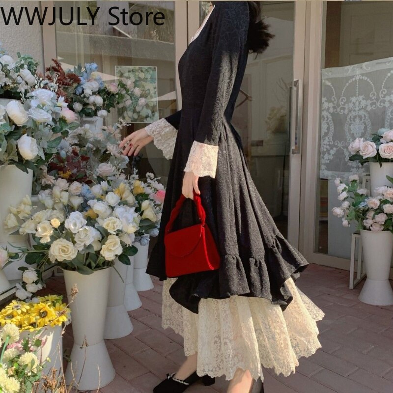 Fall outfits back to school French Vintage Elegant Dress Women Party Long Sleeve Lace Black Y2k Midi Dress  Winter Face Two Piece Dress Korean Fashion