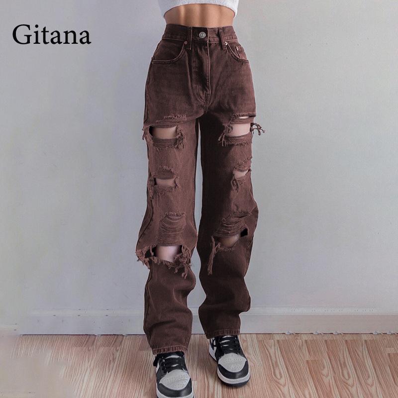 Clacive   Autumn Ripped Pant Jeans Women Cut Out High Waist Baggy Jeans Vintage Denim Pants Fashion Straight Jeans Streetwear