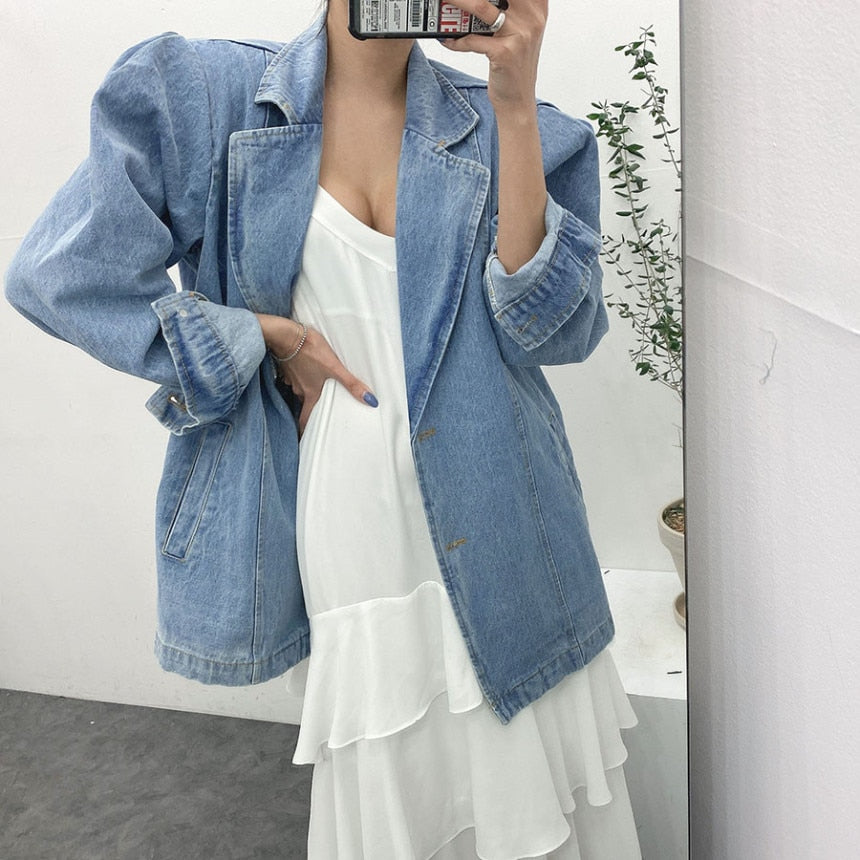 Clacive Vintage Denim Notched Blazers Jackets Women  Autumn Loose Casual Full Sleeve Jeans Female Oversized Coats Outerwear V761