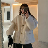 Clacive  White Lamb Wool Coat Women Kawaii Loose Faux Fur Teddy Overcoat Female Harajuku Shaggy Warm Pockets Jackets Outwear