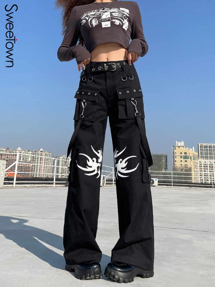 Clacive  Goth Print Wide Leg Pants Women Black Techwear Eyelet Punk Style Dark Academia Low Waist Trousers Ribbons Streetwear