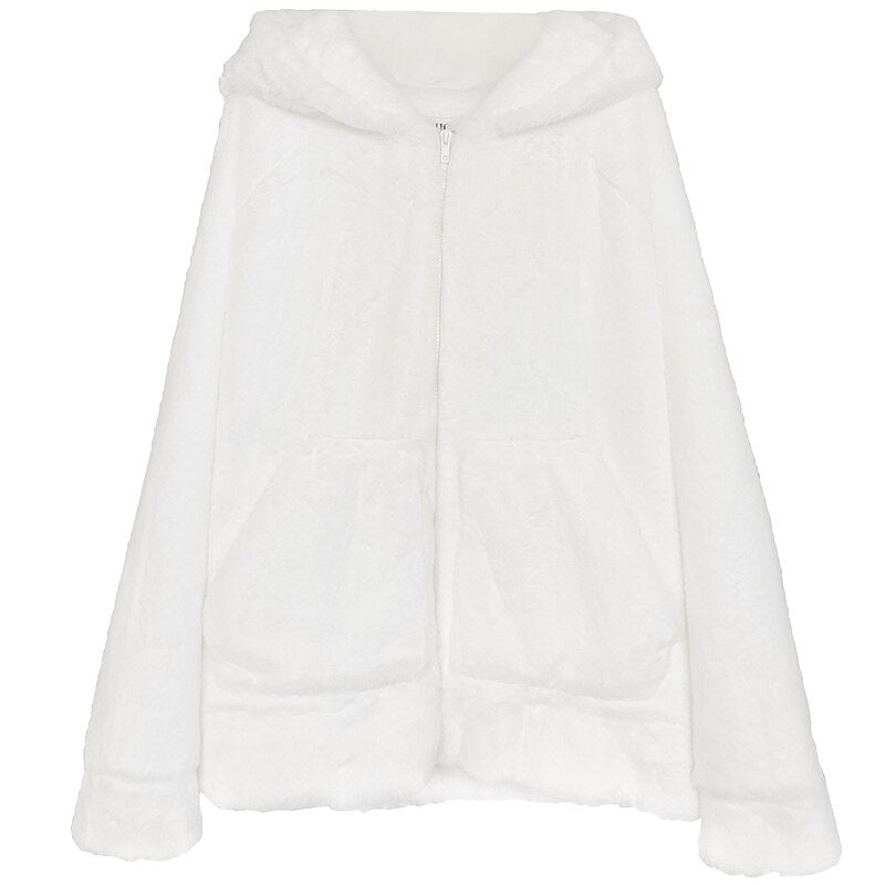 Clacive  White Warm Oversize Faux Fur Sweatshirt Hood Long Sleeve Zipper Winter Clothes Fluffy Jackets For Women  Streetwear