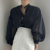 Women's  Autumn Designer White Black Mesh Patchwork Asymmetric Shirt Female Casual Loose T Shirt Top TB440