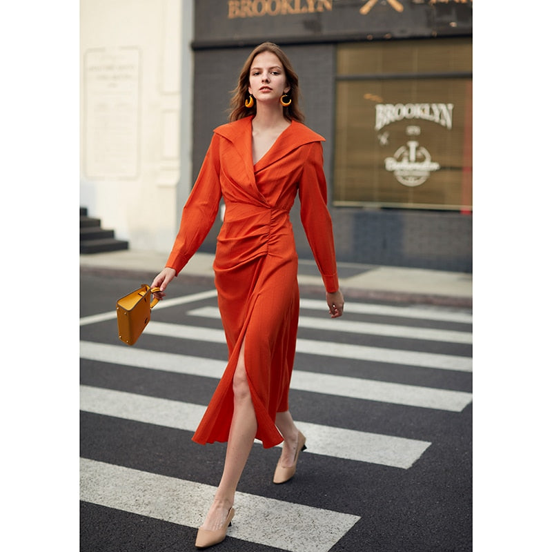 NEW  Women's Dresses Side Hight Split Dress Long Orange Red Jacquard Fabric  Streetwear