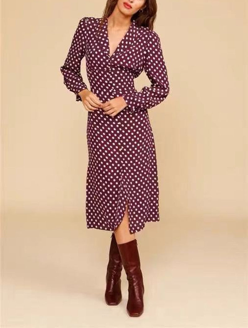 Clacive Women Floral Print Midi Dress 100% Viscose V-Neck Long Sleeve Lady Single-Breasted Retro High Waist Sweet Holiday Robe  New