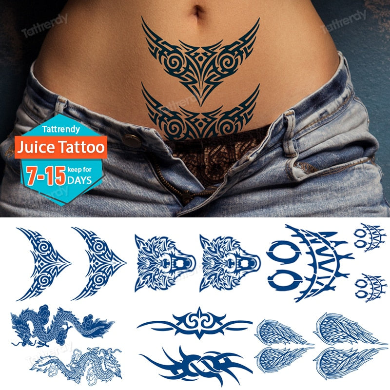 Clacive Juice Tatoo Sexy Waterproof Temporary Tattoo Wing Totem on Hand Arm Breast Waist Blue Tattoo Sticker Fake Tattoos for Men Women