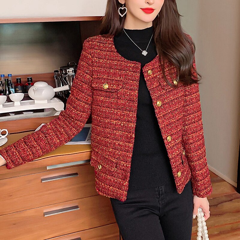 Clacive Autumn Spring Red Tweed Jacket Coat Women Vintage Korean Fashion Long Sleeve O Neck Woolen Coats Elegant Short Outerwear