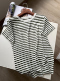 Clacive  Summer Single Pocket Linen Round Neck Striped Short Sleeve T-Shirt Women