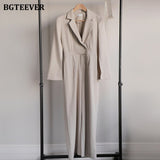 Chic Work Wear Ladies Notched Collar Jumpsuits Rompers Elegant Split Sleeve Belted Female Playsuits OL Style Overalls