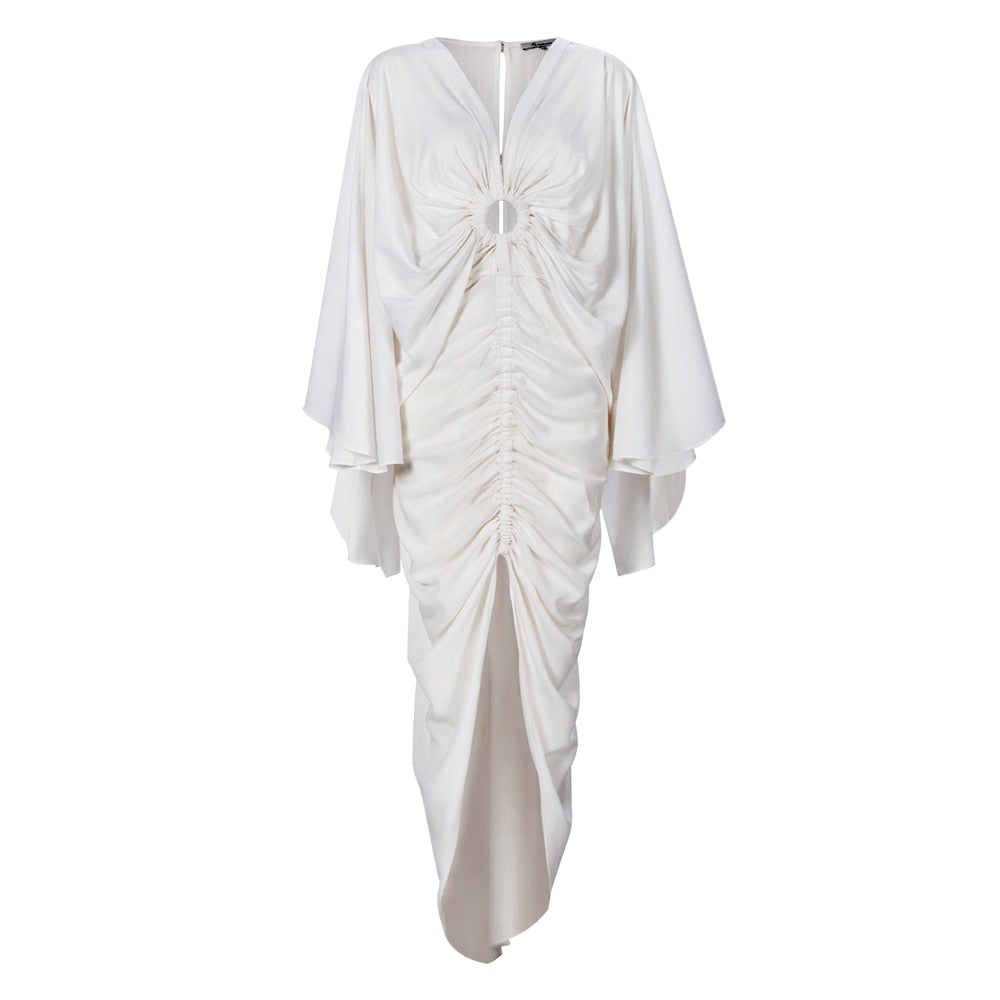 Sexy Deep V-Neck High Split Long Maxi Dress  Cotton Blended Soft White Sundress Irregular Loose Casual Dress Hollow Out