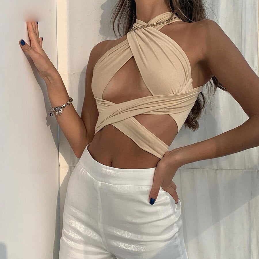 Clacive Summer Solid Halter Crop Tops Women Bandage Hole Sexy Backless Strapless Wrap Crop Tops Tanks Vest Skinny Female Top Streetwear