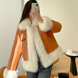 Clacive  Fashion PU Patchwork Fox Fur Jacket Female New Autumn Winter  Faux Fur Coat Women Korean Elegant Short Leather Jackets