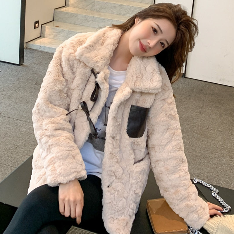 Clacive  Women's Apricot Lamb Wool Coat Jackets Korean Chic Bow Turndown Collar Plush Overcoat Winter Thicken Warm Coats Female