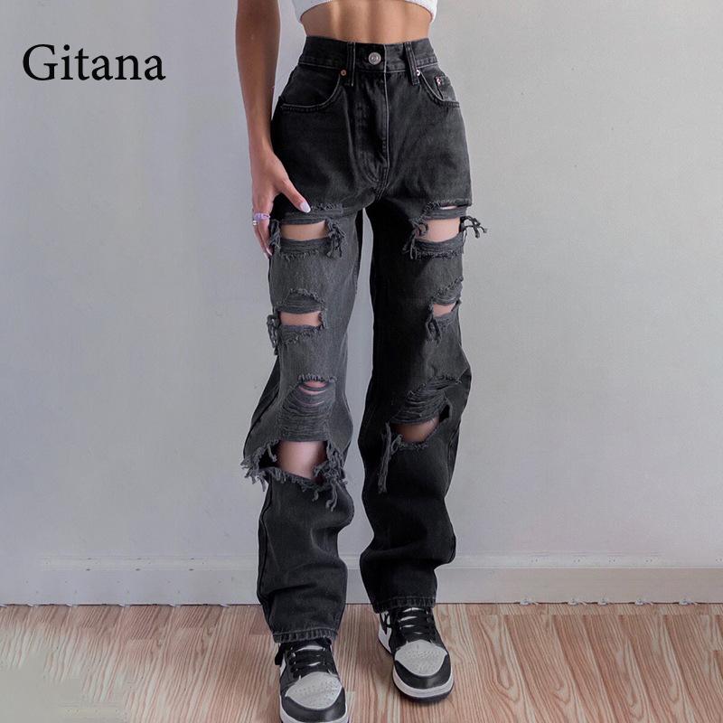 Clacive   Autumn Ripped Pant Jeans Women Cut Out High Waist Baggy Jeans Vintage Denim Pants Fashion Straight Jeans Streetwear