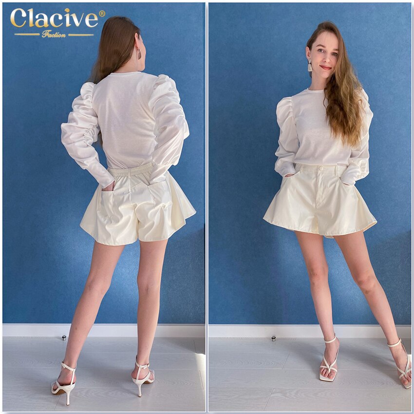 Clacive Fashion White Pu Leather Women Shorts Casual High Waist Ladies Shorts Elegant Pocket Office Shorts Female Chic Bottoms