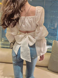 Fall outfits back to school  Summer Elegant Casual Blouses Women Long Sleeve Backless Bow Vintage Tops Korean Fashion Sweey Y2k Shirts Square Collar