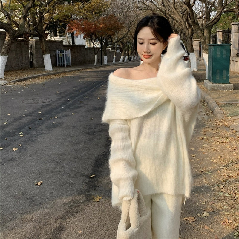 Clacive Autumn Winter Pants Suits Vintage  Fashion Knitted Two Piece Set Women Off Shoulder Sexy Sweater And Straight Pants