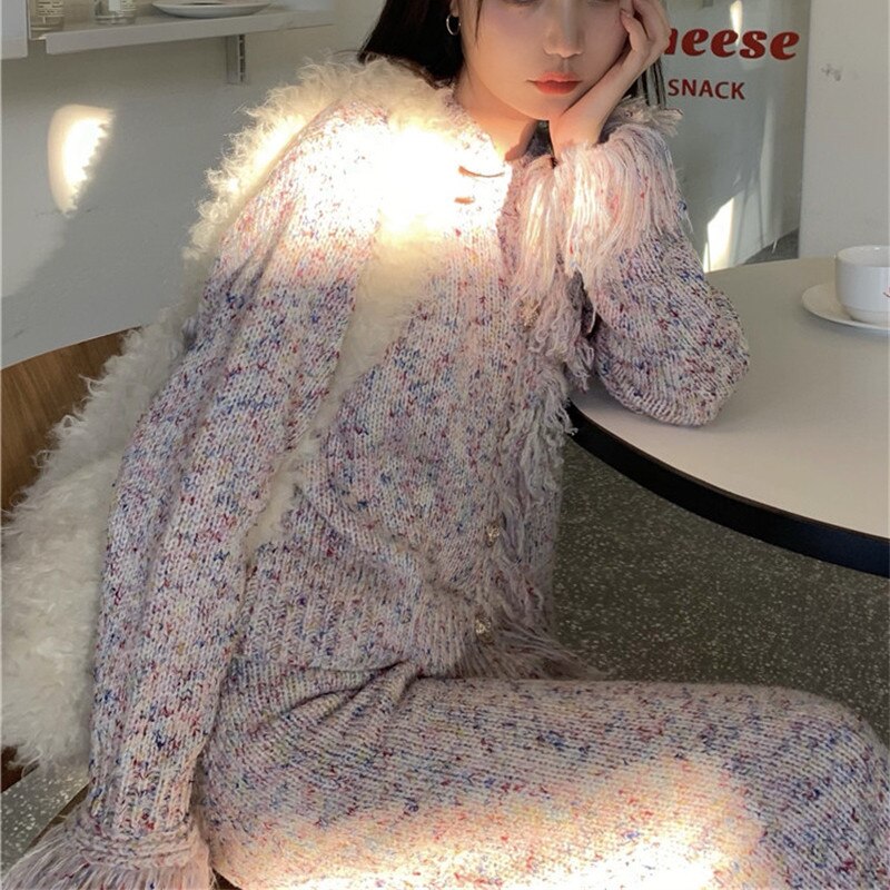 Clacive  Style Knitted Two Piece Set Women Outfits Long Sleeve Sweater Cardigans + Long Skirt Suits Vintage Tassel 2 Piece Sets