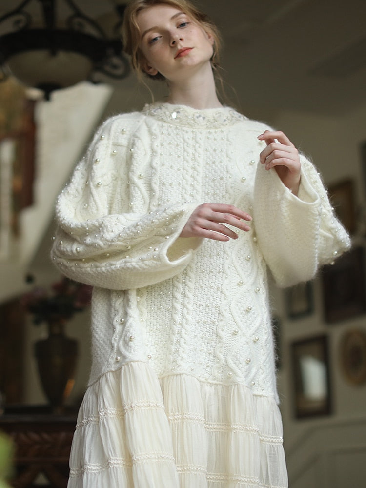 Clacive Women Dress Winter Fall Elegant White Dress Embroidery Handmade Beading Shiny Sequins Sweater Dress Casual Knitted Wool Dress
