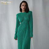Clacive Fashion O-Neck Green Office Women'S Dress  Elegant Long Sleeve Pleated Midi Dresses Casual Slim Black Female Dress