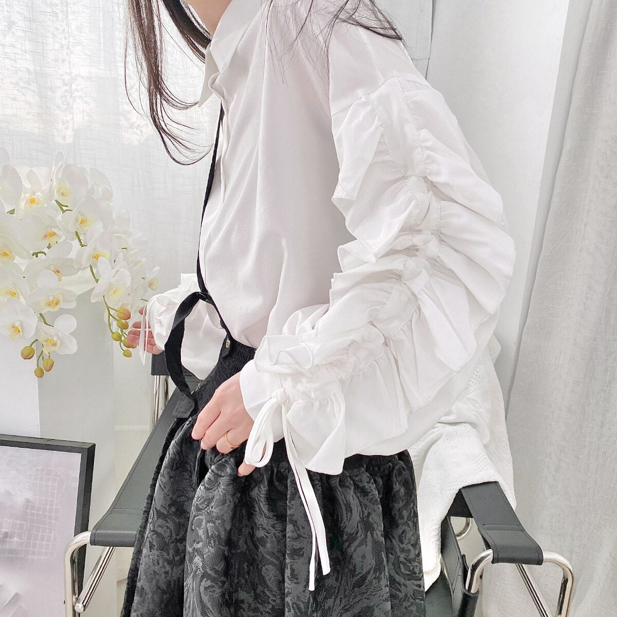 Yoji  Style Japanese Personality Sleeves Ruffled Designer Loose Deconstructed Shirt Female Dark Trendy Y2K