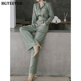 Elegant  Notched Collar Women Jumpsuits Long Sleeve Single-Breasted Belted Female Overalls  New Spring Playsuits